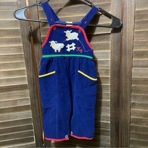 Vintage Baby Bib Overall Romper Corduroy Sheep Lamb Embroidery Farmhouse Cotton